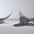 Contemporary Lounge Chair With Curved Wooden Frame And Gray Fabric Upholstery