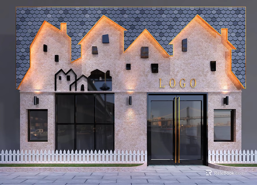 Shopping Mall Store Exterior With Unique Roof Design Light Facade Black Windows White Fence 3d model 