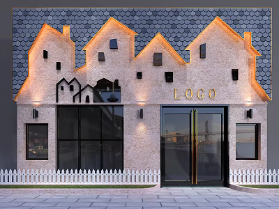 Shopping Mall Store Exterior With Unique Roof Design Light Facade Black Windows White Fence 3d model