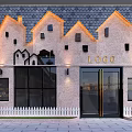 Shopping Mall Store Exterior With Unique Roof Design Light Facade Black Windows White Fence