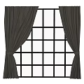 Gray Fabric Curtains Side Open On Grid Window For Room Decor