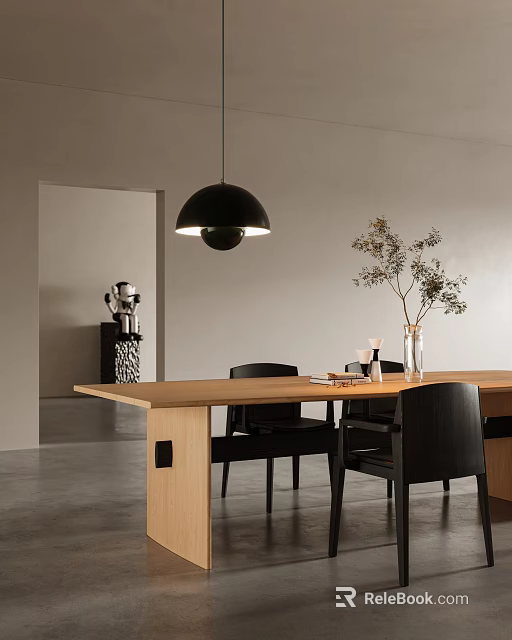 Wooden Dining Table Set With Black Chairs Pendant Light And Vase In Gray Minimalist Room 3d model 