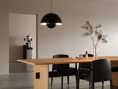 Wooden Dining Table Set With Black Chairs Pendant Light And Vase In Gray Minimalist Room 3d model