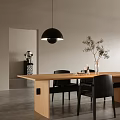 Wooden Dining Table Set With Black Chairs Pendant Light And Vase In Gray Minimalist Room