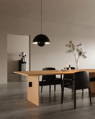Wooden Dining Table Set With Black Chairs Pendant Light And Vase In Gray Minimalist Room 3d model