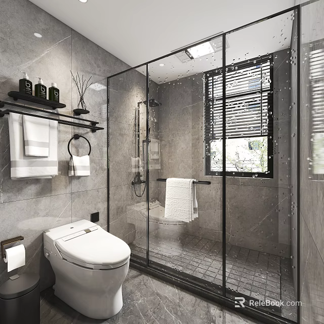 Modern Minimalist Grey Tiled Bathroom Interior Design With Glass Shower Enclosure And Smart Toilet 3d model 