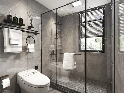 Modern Minimalist Grey Tiled Bathroom Interior Design With Glass Shower Enclosure And Smart Toilet 3d model