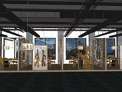 Modern Restaurant Interior With Large Windows Hanging Lights And Decorative Artworks 3d model