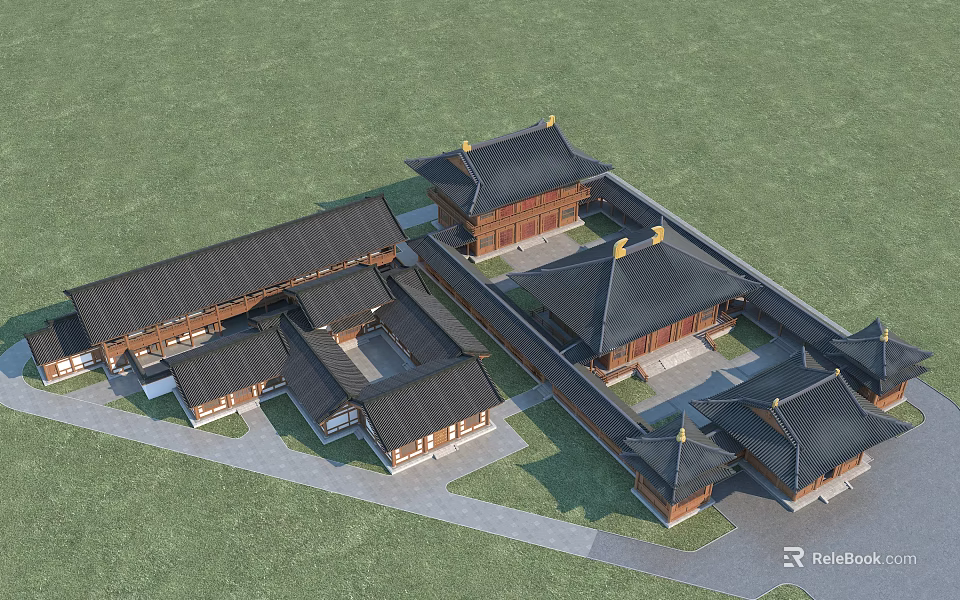 Traditional Chinese Ancient Architecture Complex Featuring Courtyard Layout Black Roofs And Yellow Ornaments 3d model 
