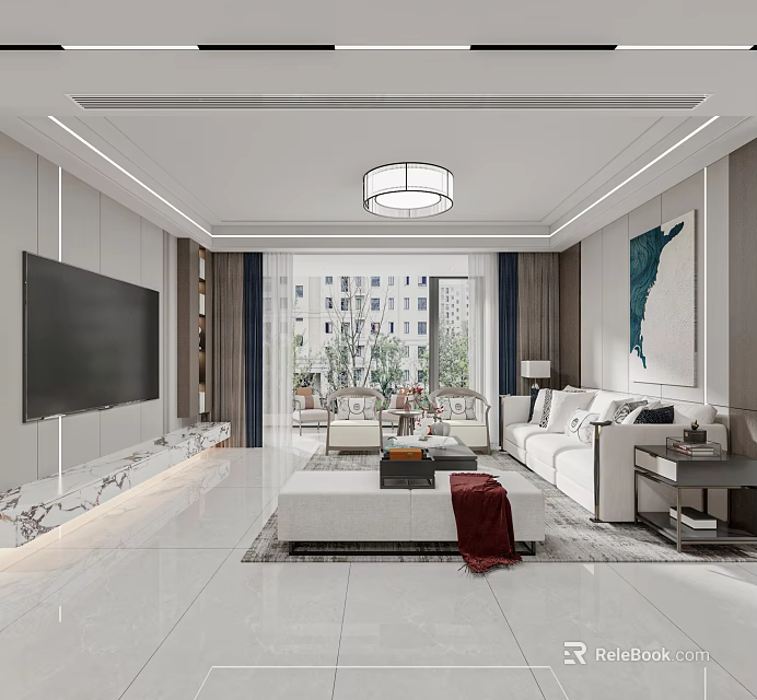 Modern Living Dining Room Interior Design With White Sofa Large TV Floor to Ceiling Windows 3d model 