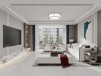 Modern Living Dining Room Interior Design With White Sofa Large TV Floor to Ceiling Windows 3d model
