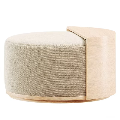 Round Beige Fabric Ottoman With Light Wooden Frame Modern Design 3d model