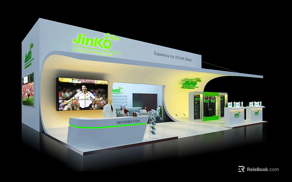 Jinko Solar Modern Exhibition Booth With White Green Design Display Screen And Product Area 3d model 
