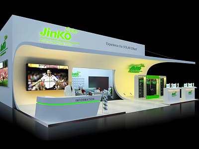 Jinko Solar Modern Exhibition Booth With White Green Design Display Screen And Product Area 3d model