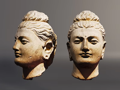 Ancient Stone Buddha Head Sculptures With Bun Hairstyle And Serene Expressions 3d model