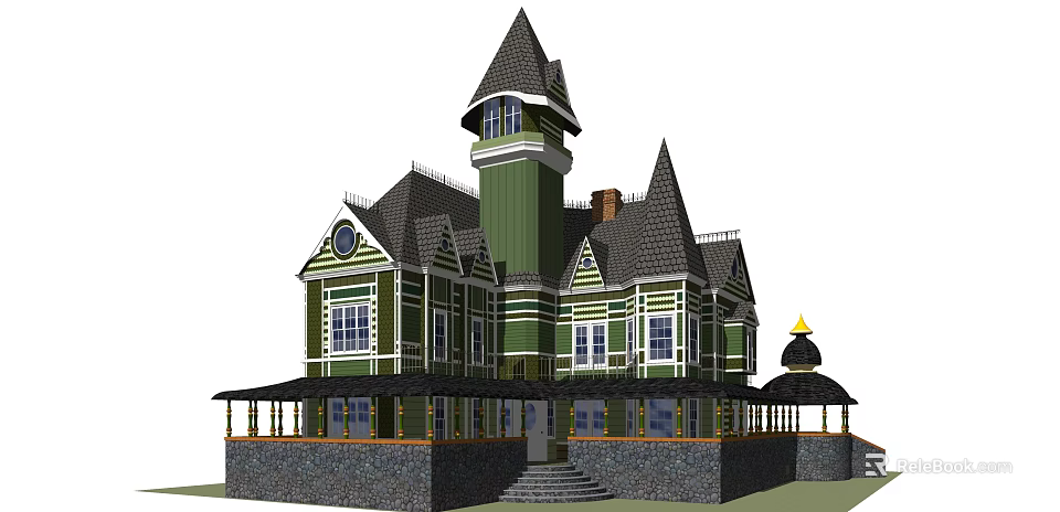 Single Family House Featuring Green Exterior Gabled Roofs Tower Stone Foundation And Porch 3d model 