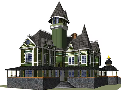 Single Family House Featuring Green Exterior Gabled Roofs Tower Stone Foundation And Porch 3d model