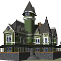 Single Family House Featuring Green Exterior Gabled Roofs Tower Stone Foundation And Porch