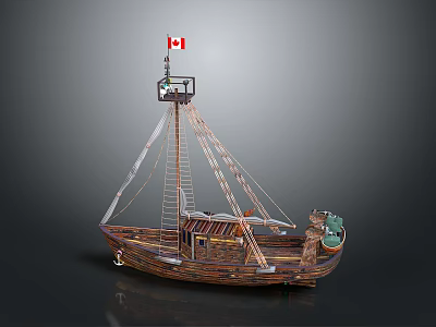 Wooden Ship Model With Canadian Flag Mast Rigging And Decorative Bow 3d model