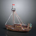 Wooden Ship Model With Canadian Flag Mast Rigging And Decorative Bow