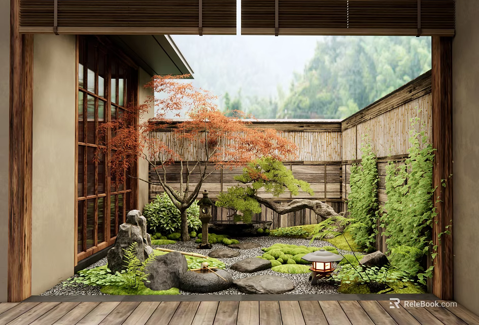 Traditional Courtyard Garden With Bamboo Fence Maple Tree Stone Path Mossy Ground And Wooden Lantern 3d model 