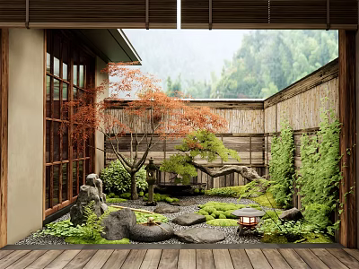 Traditional Courtyard Garden With Bamboo Fence Maple Tree Stone Path Mossy Ground And Wooden Lantern 3d model