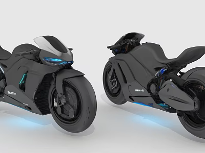Futuristic Black Motorcycles With Blue Accent Lights And Sleek Design Side View 3d model