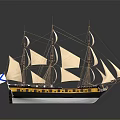 Detailed Sailboat Model With White Sails Multiple Masts And Black Yellow Hull