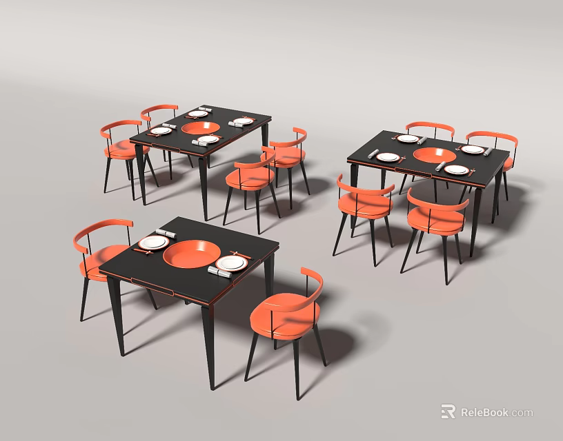 Modern Dining Table Set With Black Tables Orange Chairs And White Plates 3d model