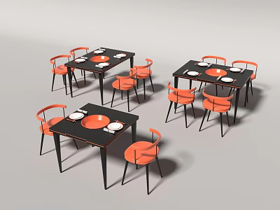 Modern Dining Table Set With Black Tables Orange Chairs And White Plates 3d model