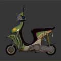 Green Motorcycle Scooter With Brown Seat And Decorative Spring Design Elements