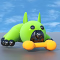 Green Stuffed Dog Toy Lying on Ground Holding Yellow Bone with Black Paws