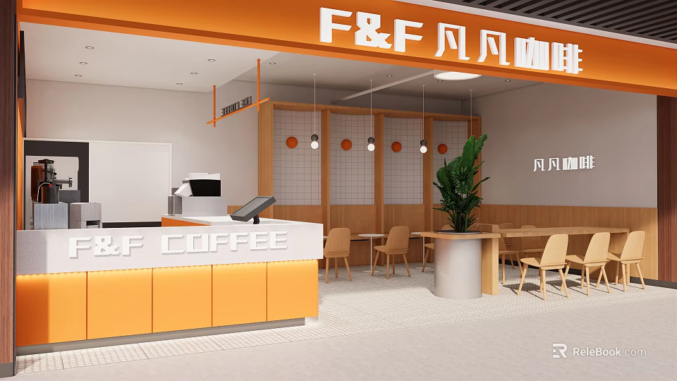 Cozy Modern Milk Tea Shop Interior With Orange White Counter Wooden Grille And Green Plants 3d model 