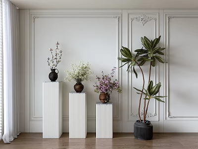 Elegant Decorative Ornament Combination With White Pillars Various Vases And Green Plants For Interior 3d model