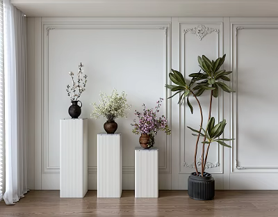 Elegant Decorative Ornament Combination With White Pillars Various Vases And Green Plants For Interior 3d model
