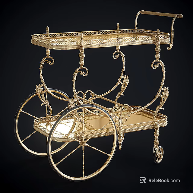 Elegant Gold Two Tiered Commercial Service Cart With Ornate Metal Frame And Decorative Wheels 3d model 
