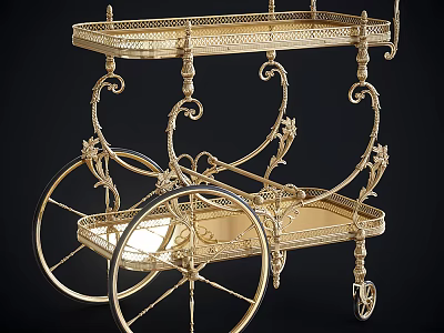 Elegant Gold Two Tiered Commercial Service Cart With Ornate Metal Frame And Decorative Wheels 3d model