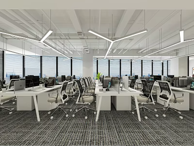Modern Public Office Space With White Desks Ergonomic Chairs Computers Large Windows And Bright Lighting 3d model