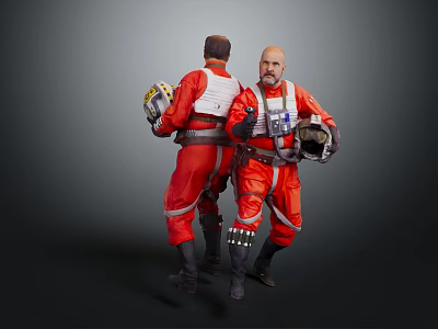 Two Male Game Movie Characters in Red Spacesuits Holding Helmets Against Gray Background 3d model