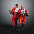 Two Male Game Movie Characters in Red Spacesuits Holding Helmets Against Gray Background