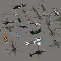 Multiple Colorful Helicopter Models of Various Types Arranged on Grey Background