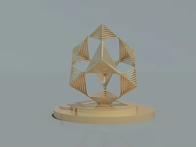 Golden Modern Geometric Sculpture With 3D Intricate Structure On Circular Base 3d model