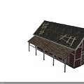Red Wooden Barn Structure With Black Shingle Roof And Wooden Frames On Porch
