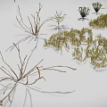 3D Rendered Various Plants Featuring Grass Shrubs Slender Branches And Clustered Leaves In Natural Landscape