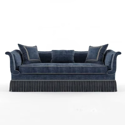 Navy Blue Multi Seat Sofa With Fringe Trim And Decorative Stitched Cushions 3d model