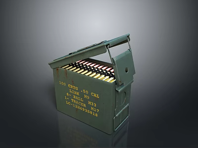 Military Green Ammunition Box with Stacked Bullets for Weapon Storage and Marked Text Details 3d model