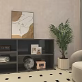 Cozy Clothing Store Interior With Beige Walls Black Bookshelf Green Plant And Beige Armchair