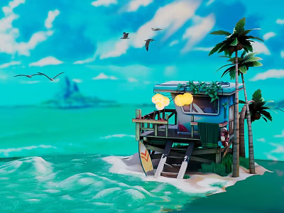 Tropical Coastal Beach Hut With Palm Trees Wooden Deck And Surfboard 3d model