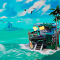 Tropical Coastal Beach Hut With Palm Trees Wooden Deck And Surfboard