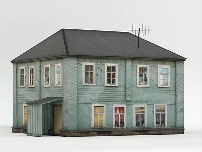 Traditional Light Green Wooden Urban Building Featuring Black Roof Multiple Windows And Porch 3d model